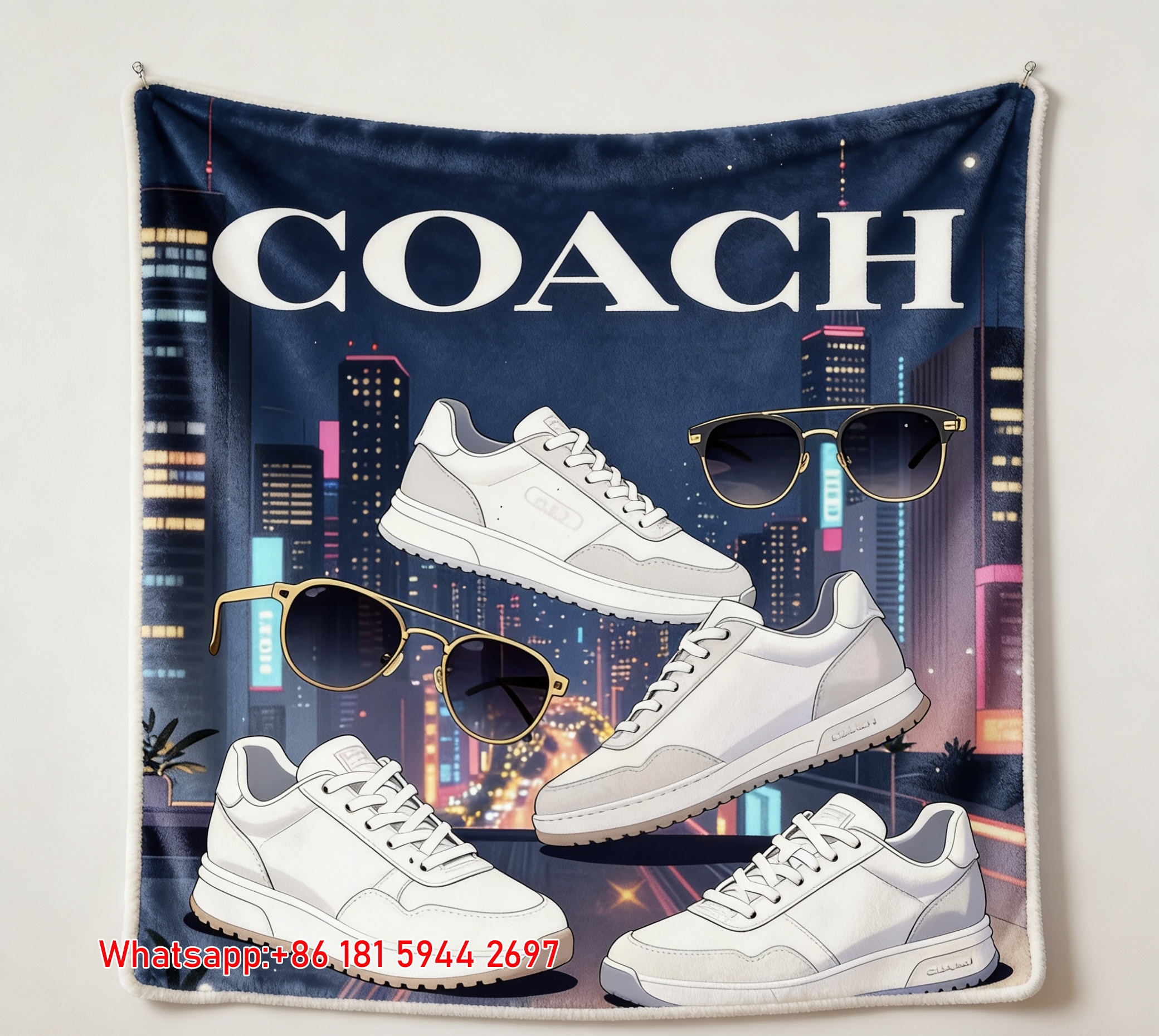 Coach White Sneakers Sunglasses City Night Flannel Throw Blanket for Sofa and Wall Decor C375